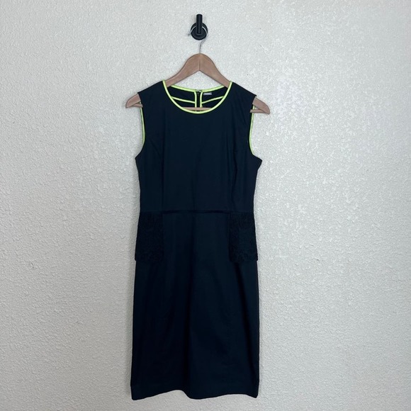 Elie Tahari Peplum Eyelet Dress Womens size 6 Black Neon Yellow Trim Knee Length - Picture 3 of 11